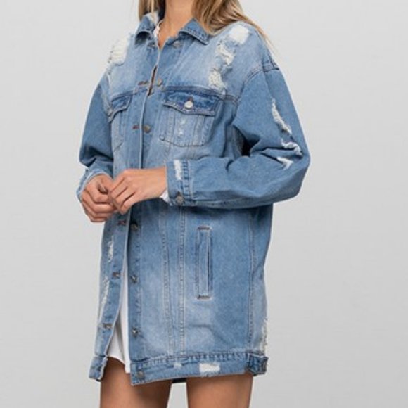 NEW PREMIUM OVERSIZED DISTRESSED DENIM JEAN JACKET shacket LARGE classic - Picture 2 of 6